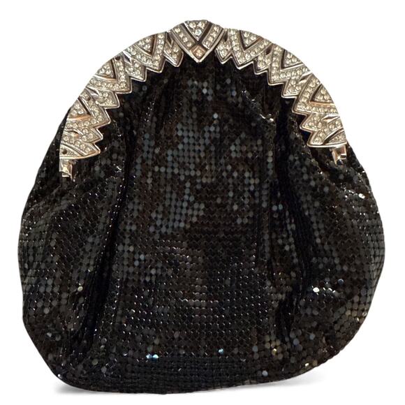 VTG Whiting & Davis Black Mesh Evening Purse Swarovski Crystal Clasp 6.5" Bag - Picture 3 of 9